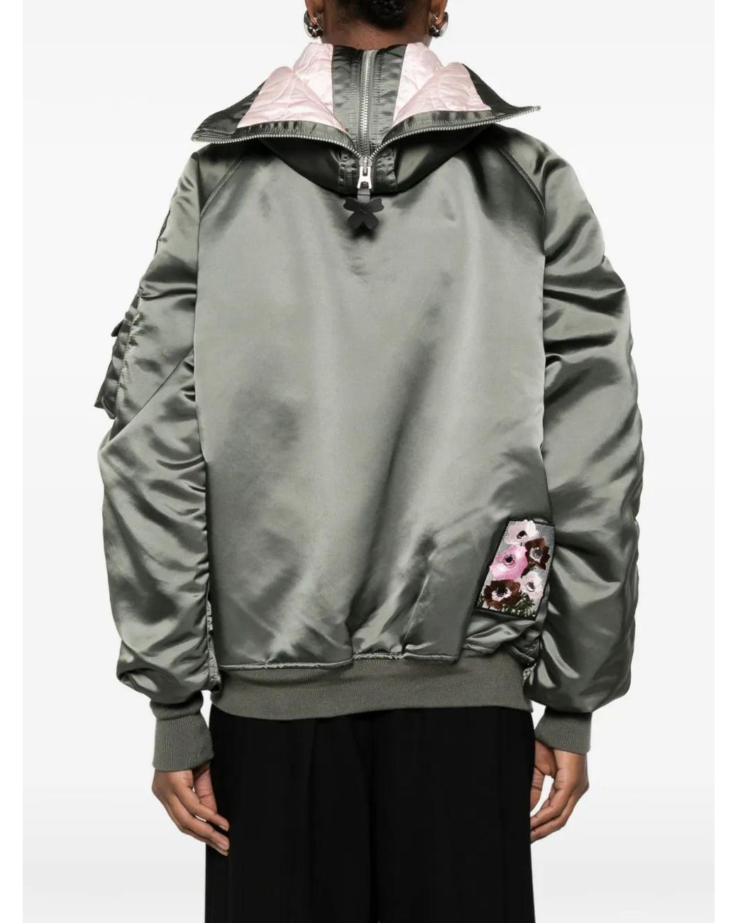 CECILIE BAHNSEN Gray Floral-Patch Hooded Bomber Jacket