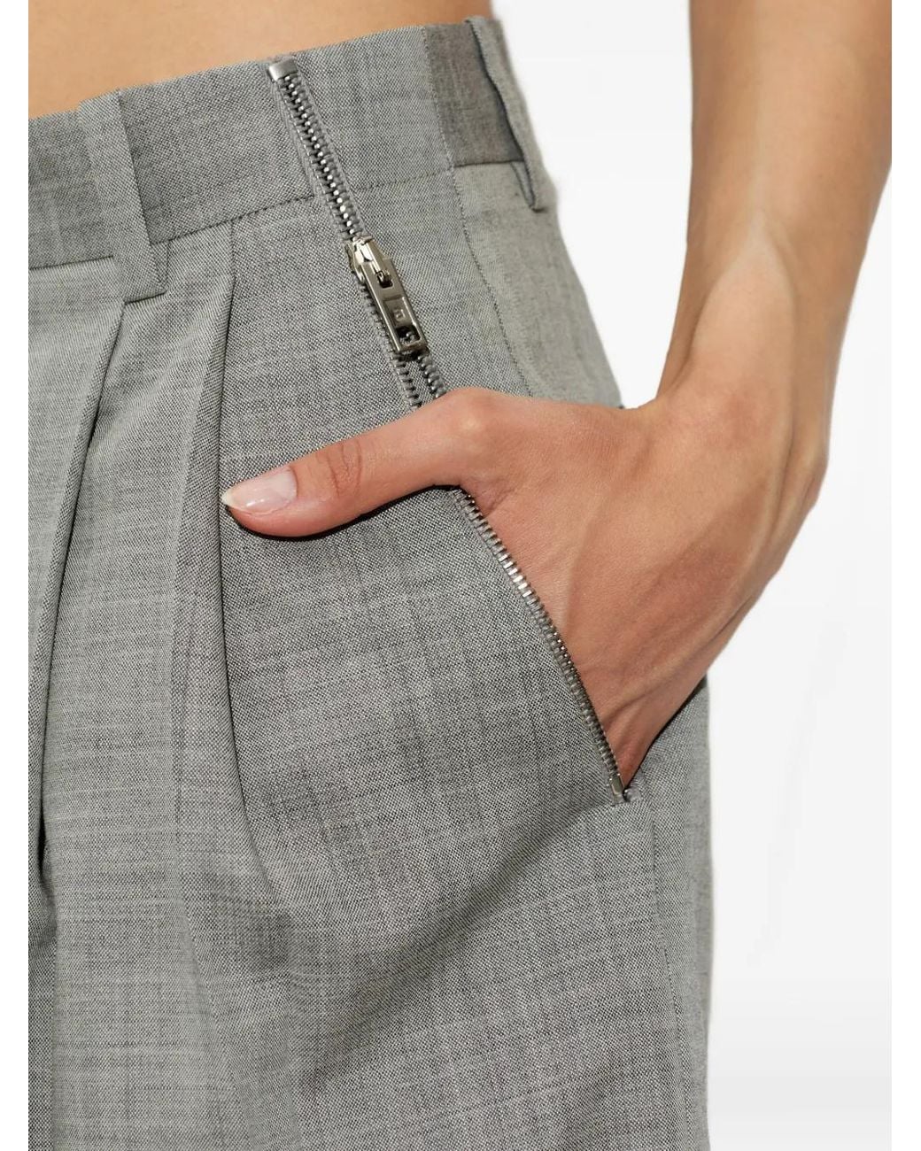 Alexander Wang Gray Mid-Rise Pleated Zip-Pockets Wool Trousers