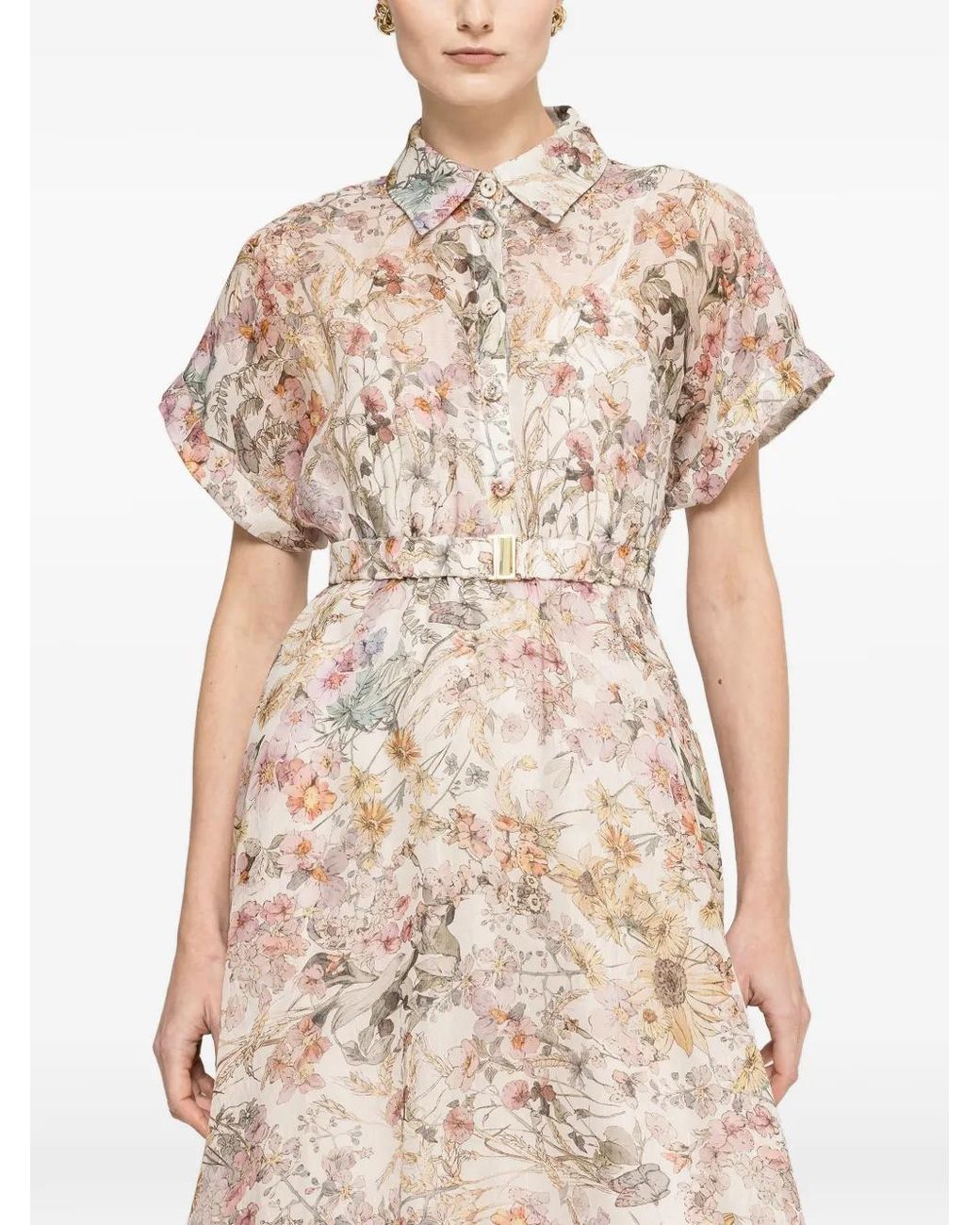 Nissa Natural Belted Floral Print Dress
