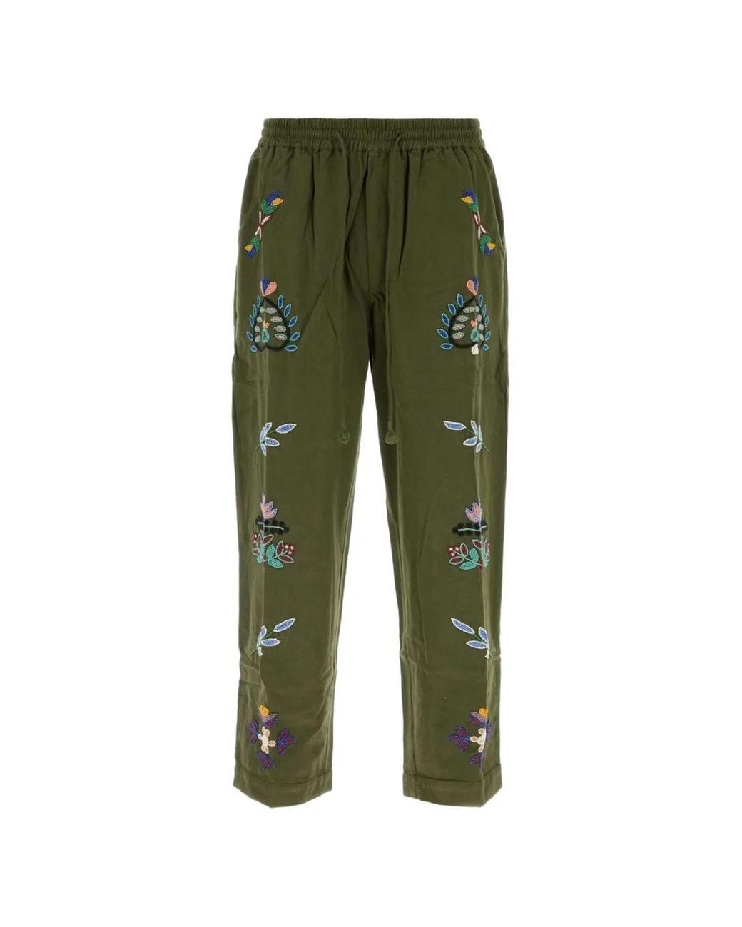 BAZISZT Green Floral-Embroidered Drawstring-Waist Trousers for men