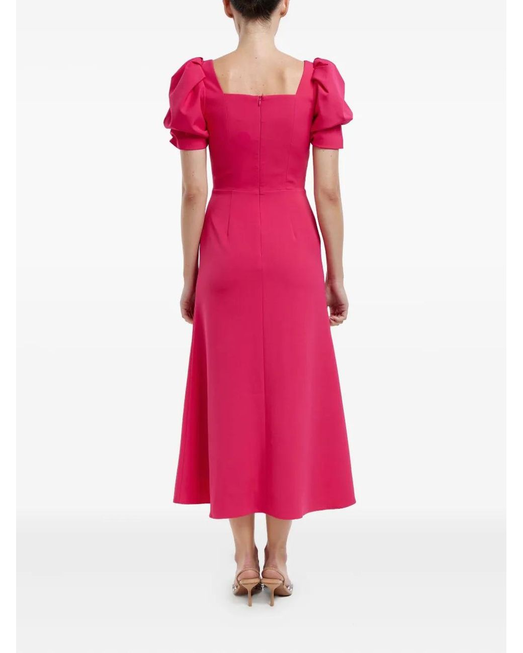 POST MERIDIEM Pink Godet-Silhouette Square-Neck Midi Dress