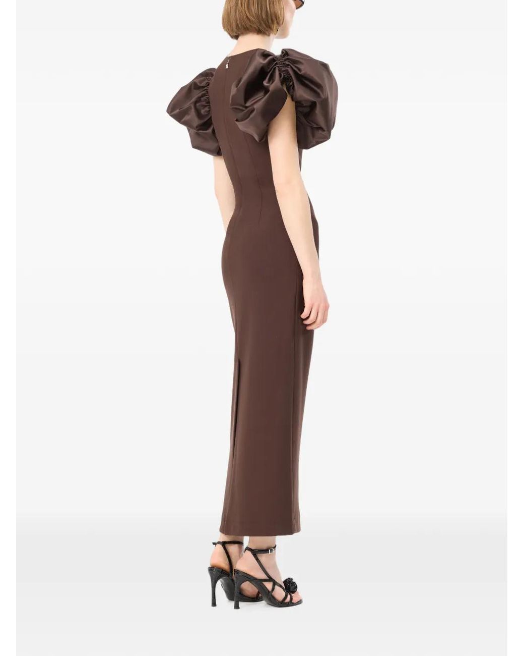 ROTATE BIRGER CHRISTENSEN Brown Draped Midi Puff Dress