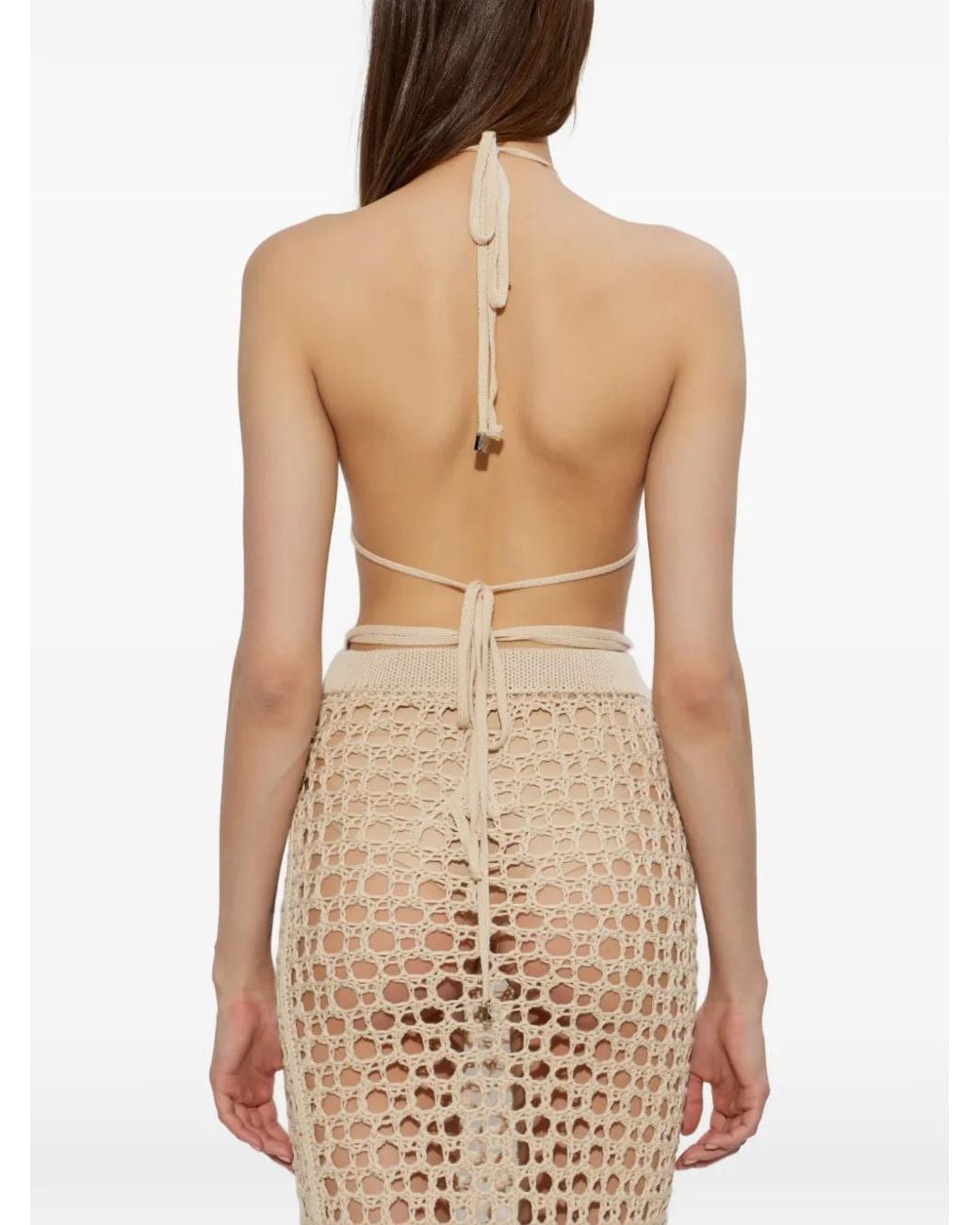 The Attico Natural Crochet-Knit Halterneck Bra