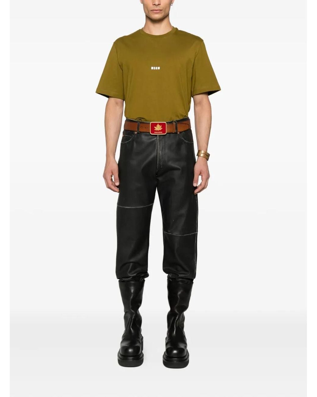 MSGM Green Cotton T-Shirt With Front Printed Logo for men