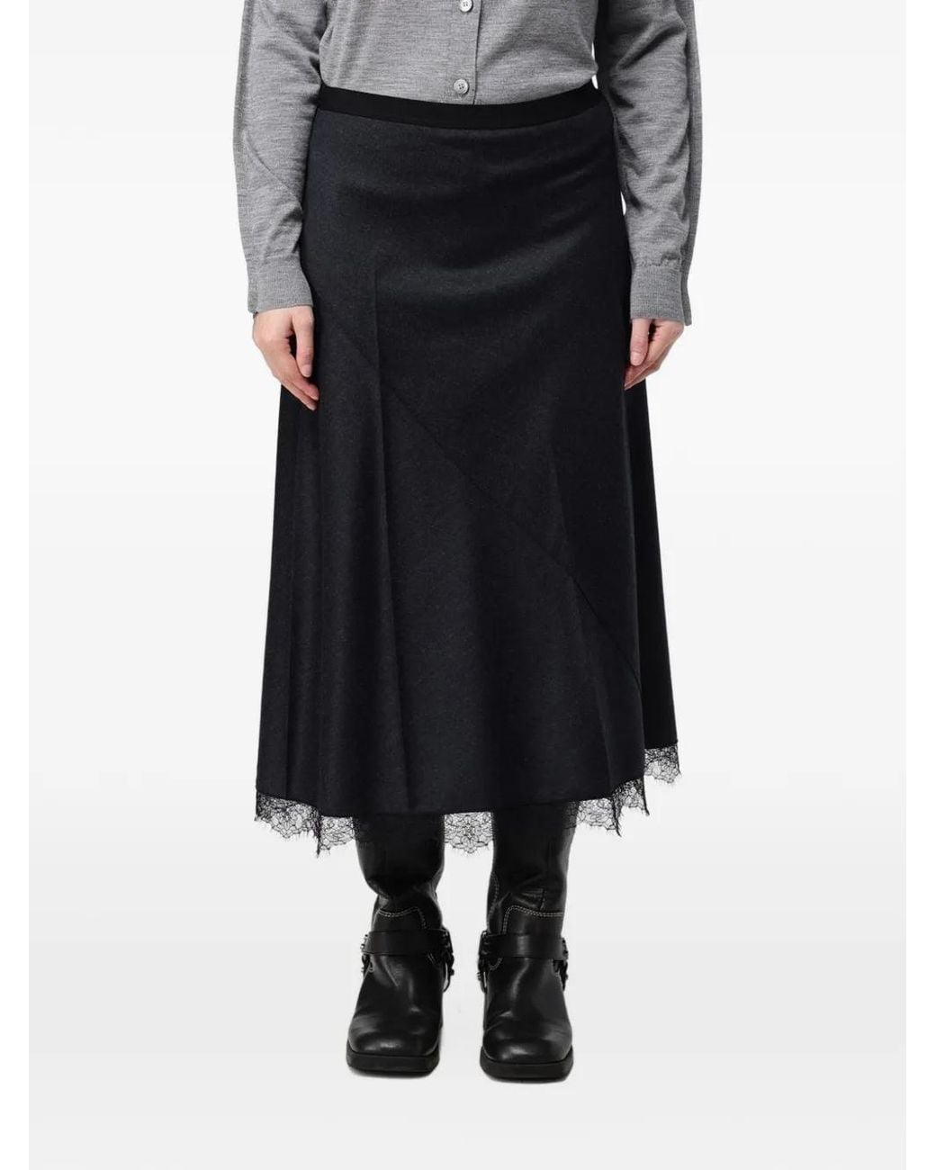 Tela Black Lace-Trim Pleated Midi Skirt