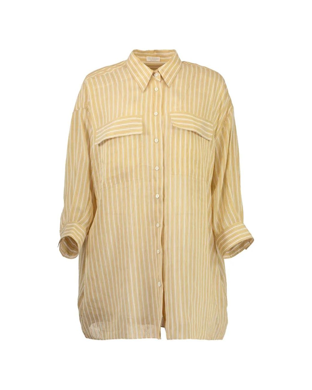 Brunello Cucinelli Natural Stripe-Pattern Flap-Pocket Shirt