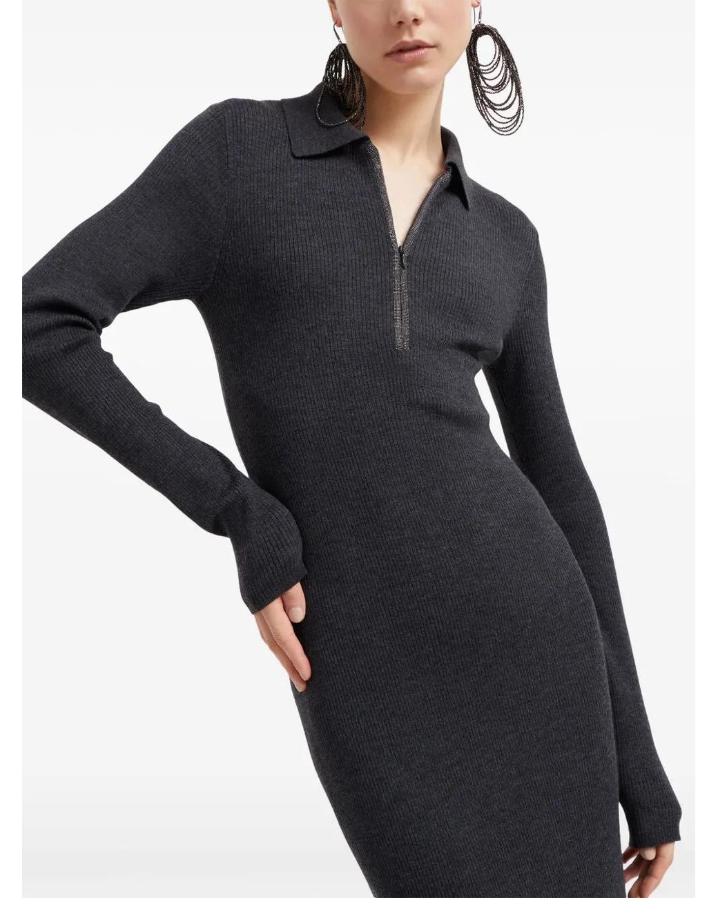Brunello Cucinelli Black Ribbed Wool And Cashmere Midi Dress