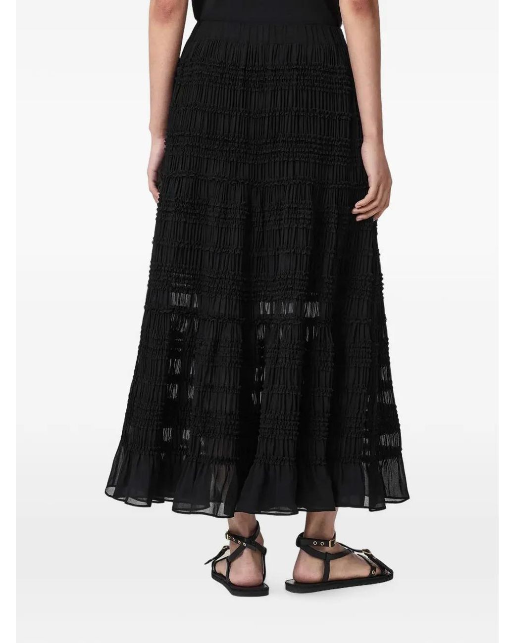 AllSaints Black Lotus Smocked Ruffled Midi Skirt