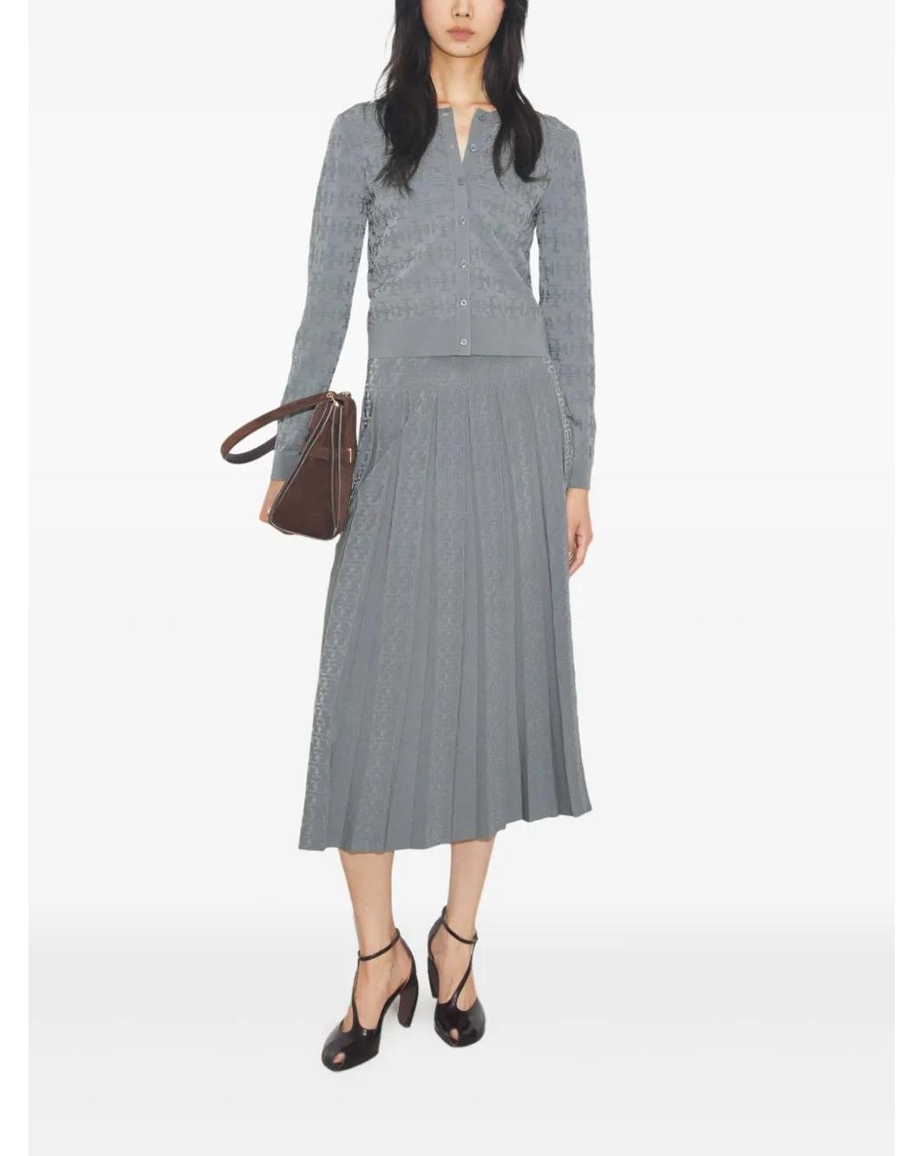 Tory Burch Blue T-Monogram Midi Pleated Skirt