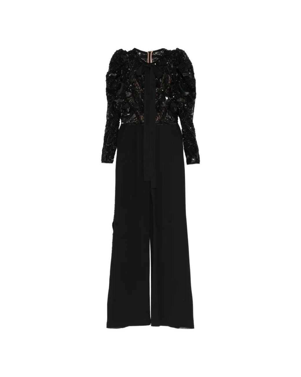 Elie Saab Black Beaded Juliet-Sleeve Jumpsuit