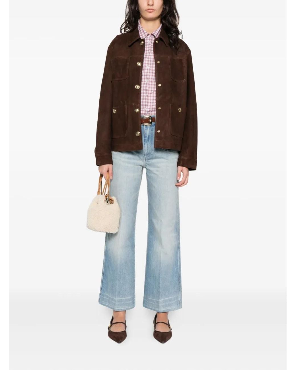 Sandro Brown Buttoned Pocket Leather Jacket