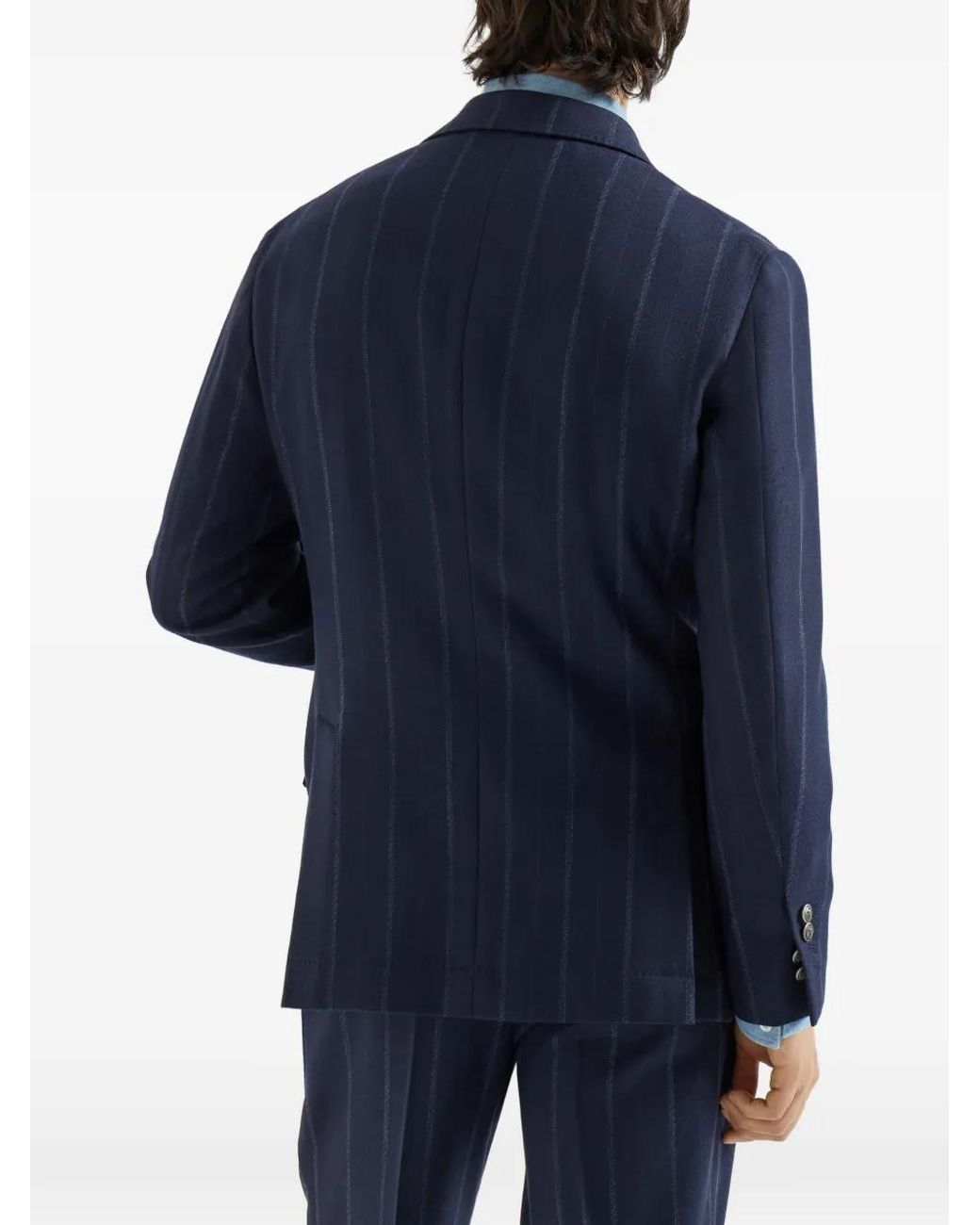 Brunello Cucinelli Blue Cashmere And Virgin Wool Multistripe Twill One-And-A-Half Breasted Deconstructed Blazer With Metal Buttons for men