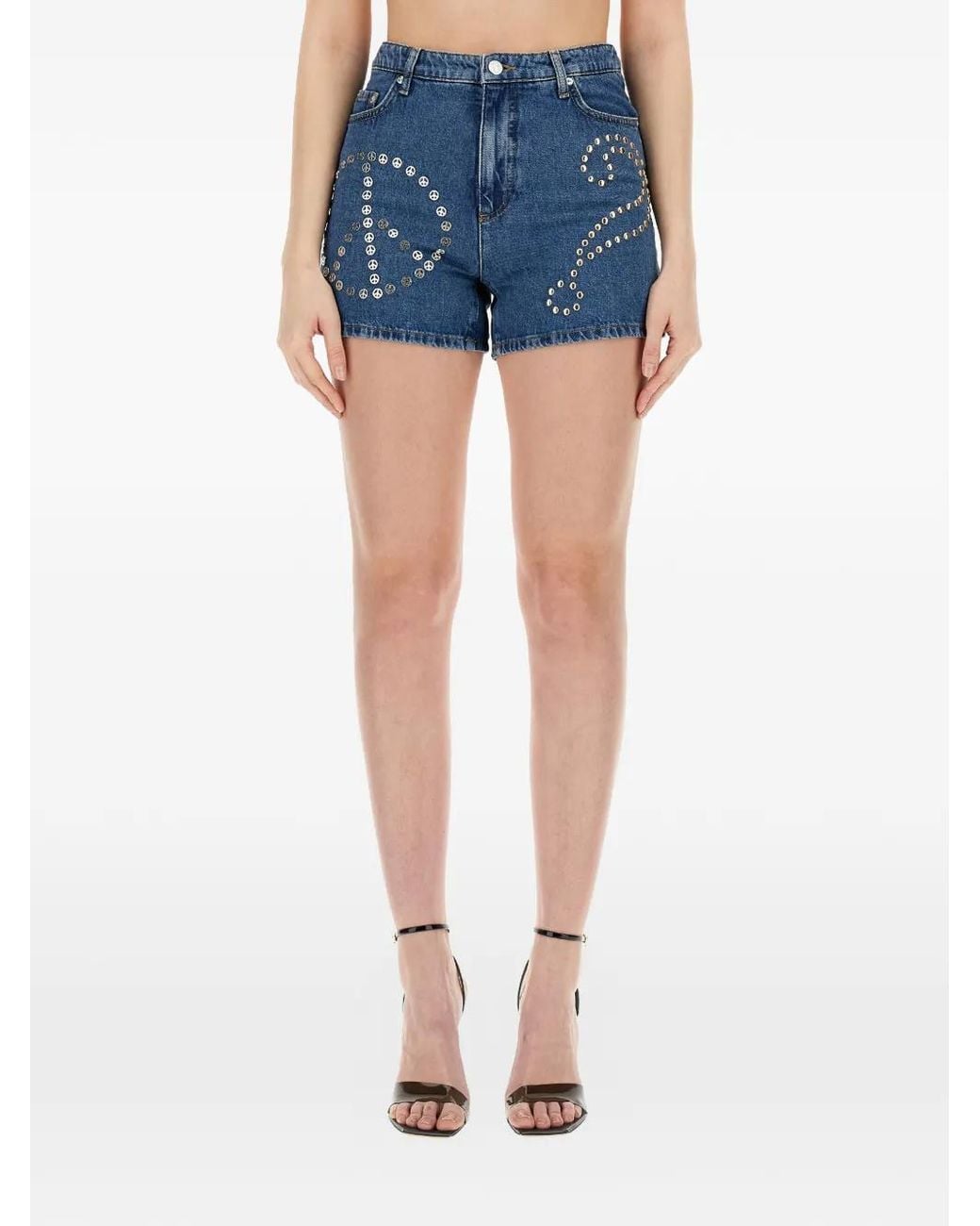 Moschino Blue Logo-Patch Stud-Embellished Denim Shorts