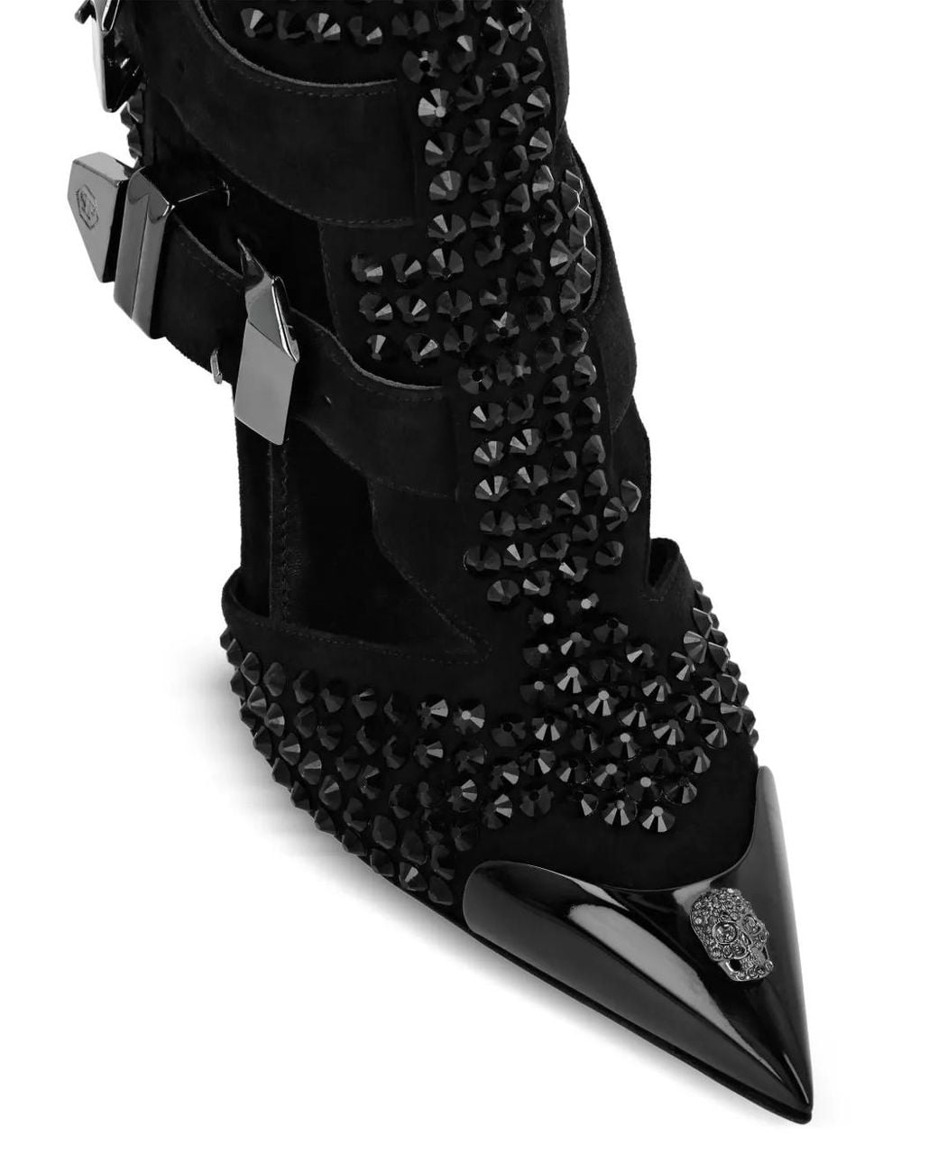 Philipp Plein Black Rhinestone Skull Embellished Suede Pumps