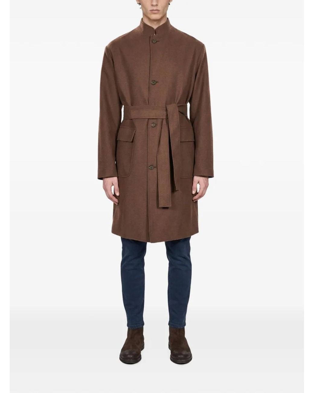 Eleventy Brown Belted High-Neck Wool Coat for men