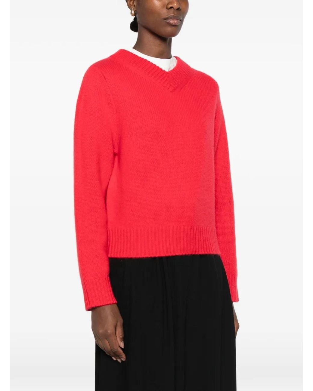Soft Goat Red Ribbed V-Neck Sweater