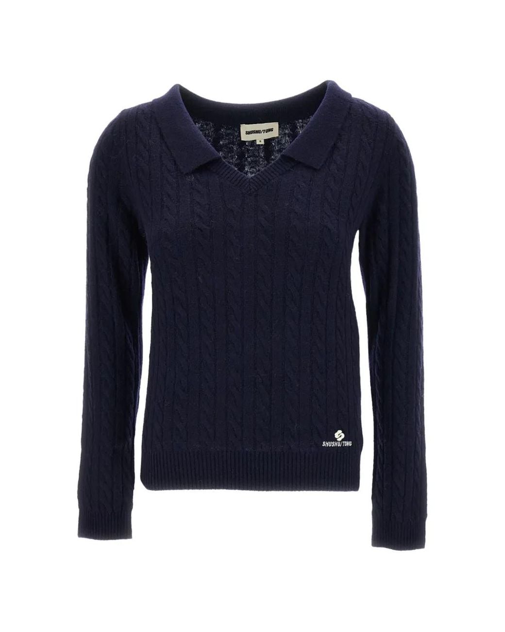 ShuShu/Tong Blue Cable-Knit Polo-Collar Sweater
