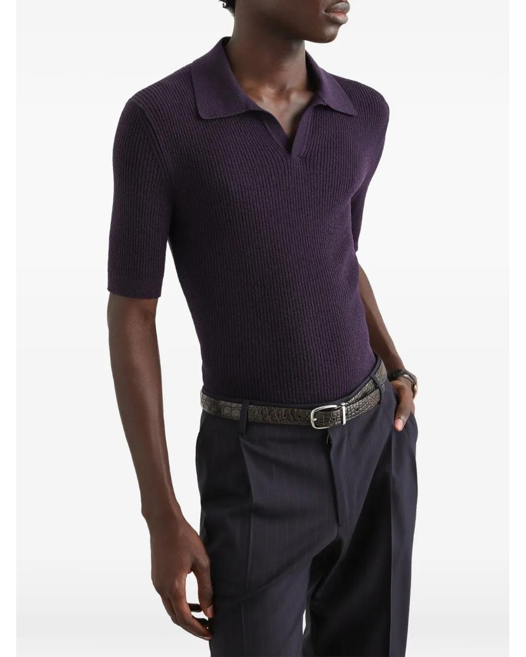 Dolce & Gabbana Blue Rib-Knit Polo Shirt for men