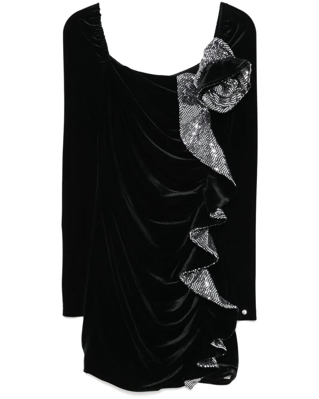 Nissa Black Sequin-Detail Velvet Mini Dress