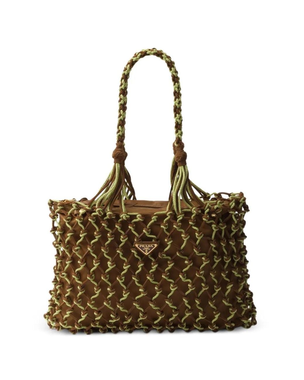 Prada Brown Large Macramé Logo-Plaque Tote Bag