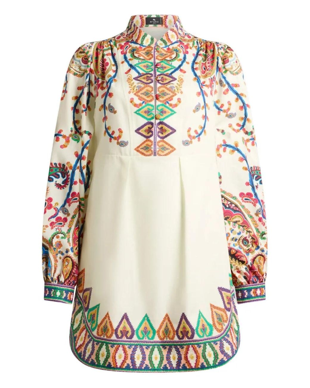 Etro White Paisley-Print Pleated Mini Dress