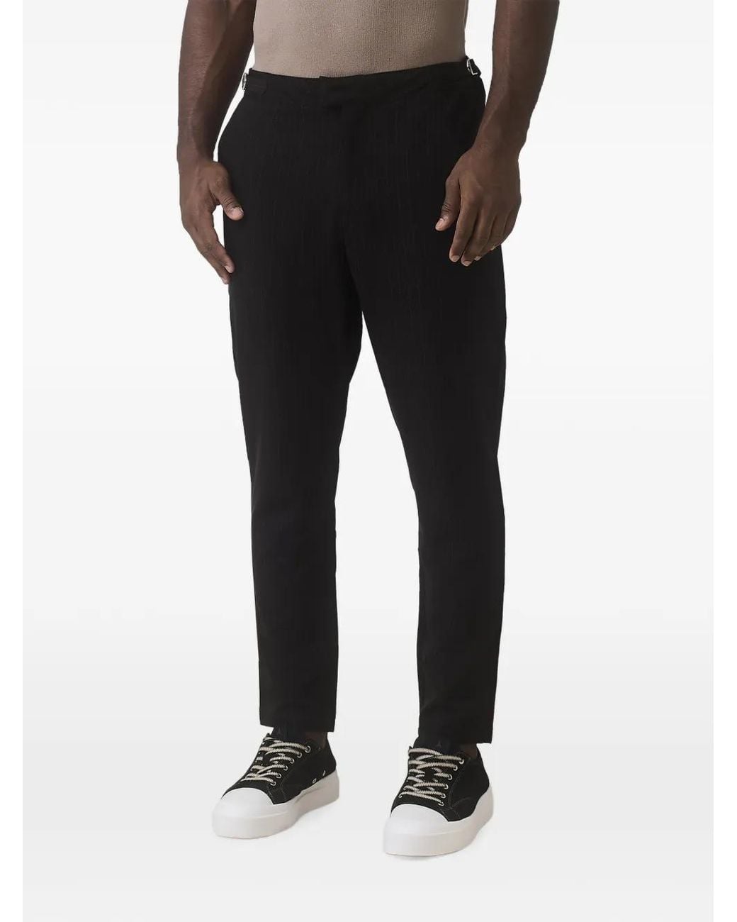 Mauvais Black Savile Pinstripe-Pattern Side-Adjuster Trousers for men