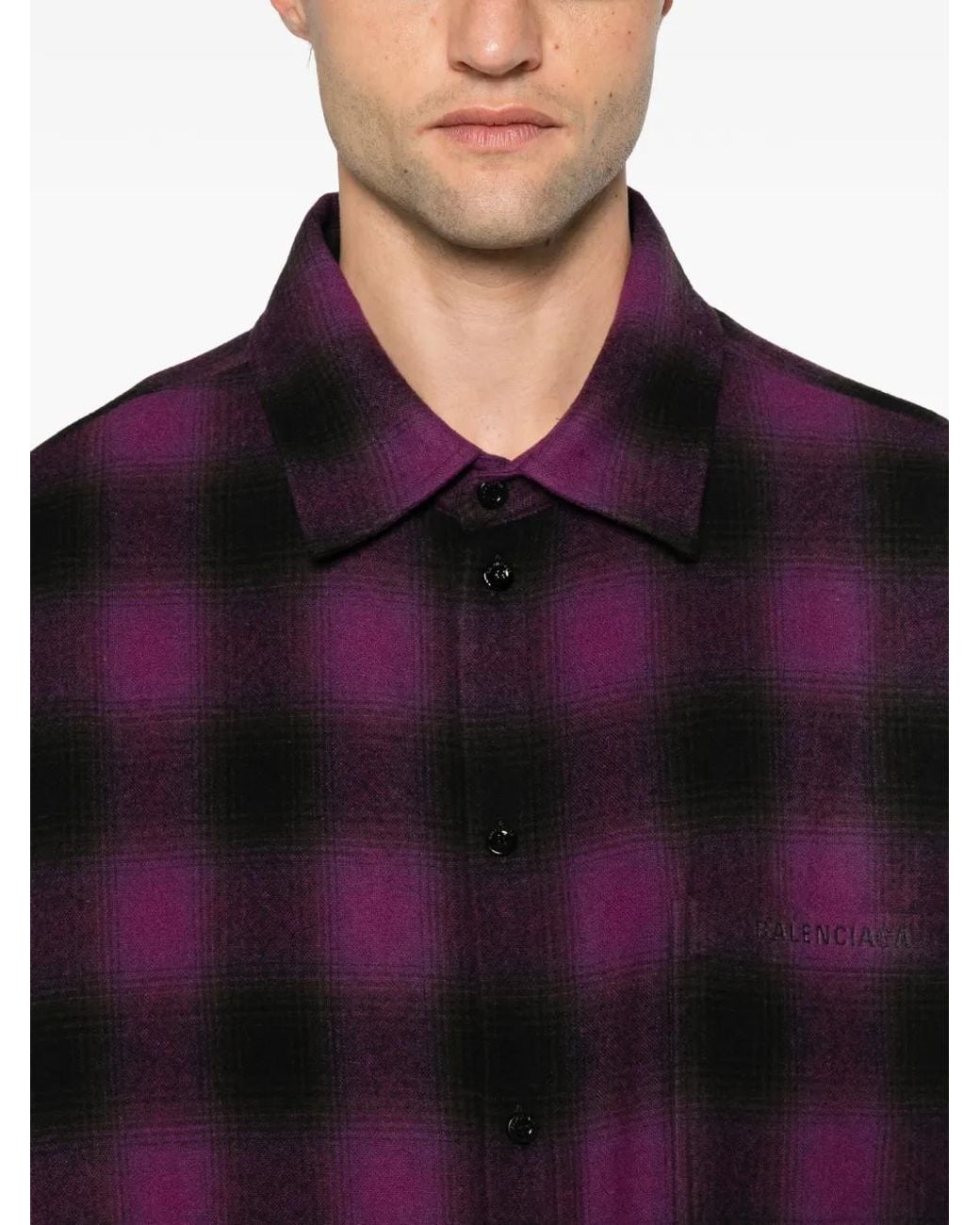 Balenciaga Purple Check-Pattern Logo-Embroidered Shirt for men