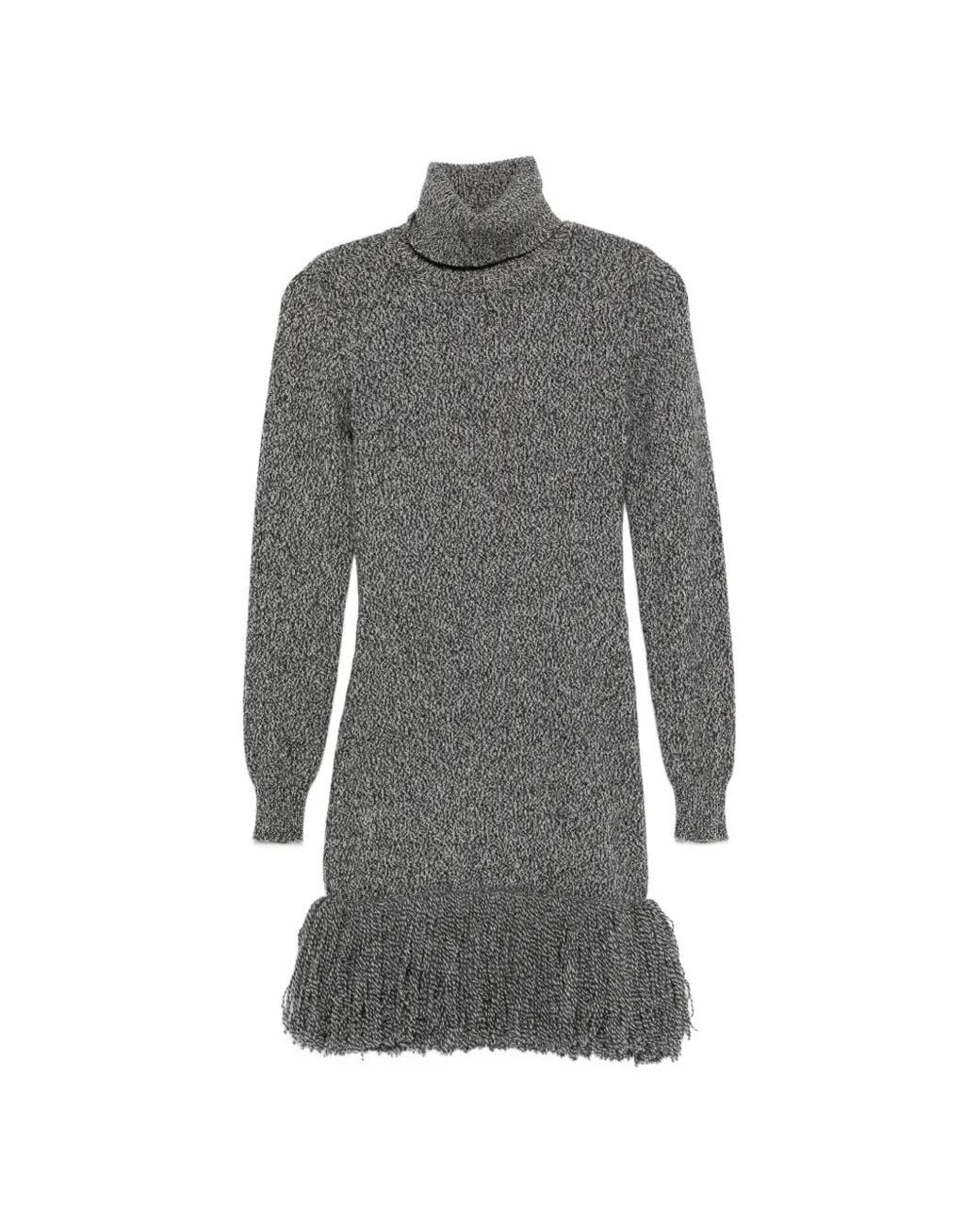 ELY ELY Gray Robe Courte Frangée À Col Roulé