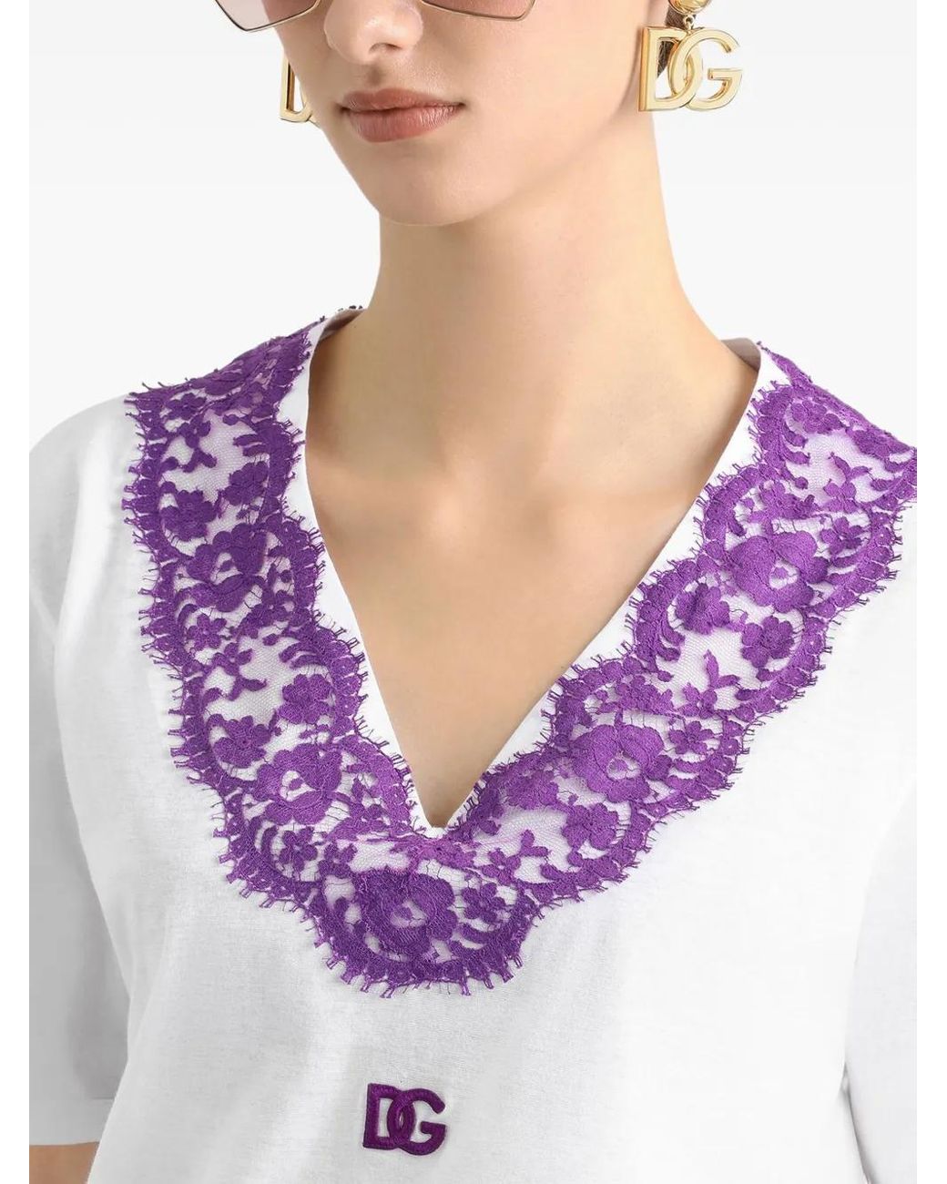 Dolce & Gabbana White Jersey T-Shirt With Lace And Dg Patch