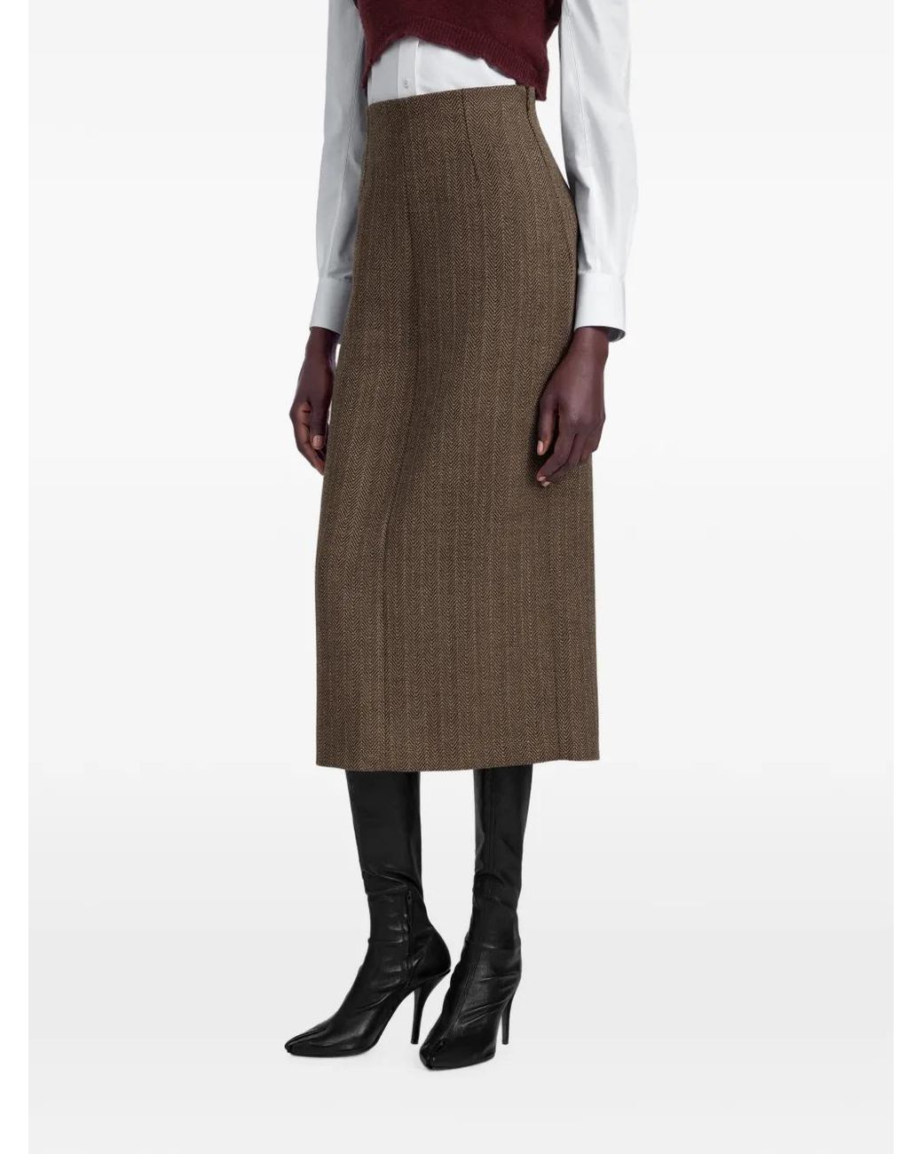 Maison Margiela Brown Herringbone Virgin Wool Midi Skirt