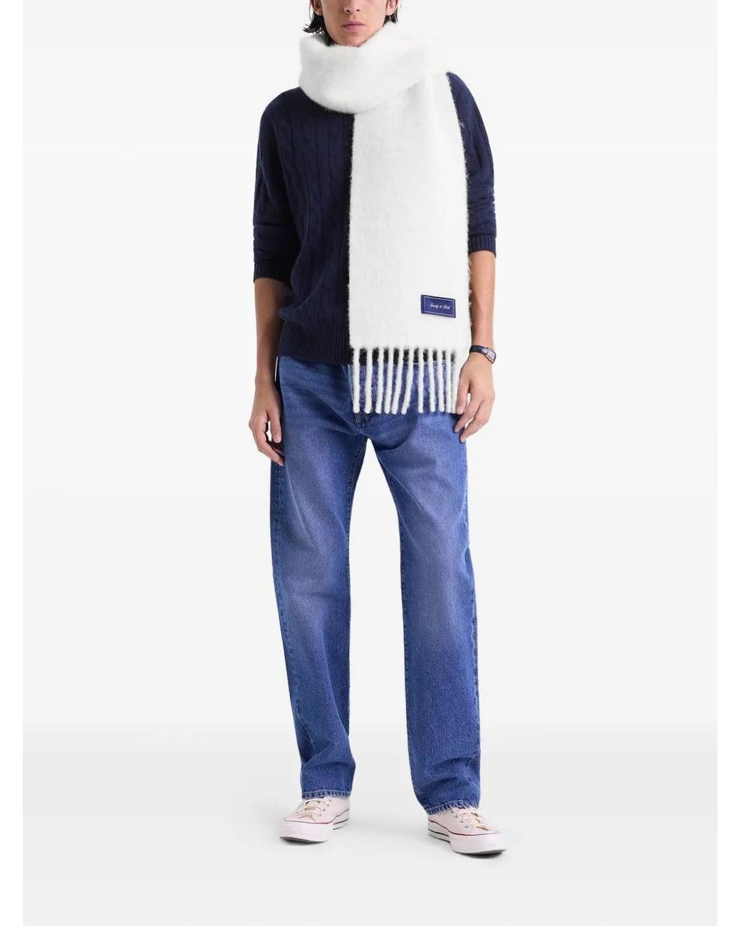 Sporty & Rich White Fringed Logo Scarf