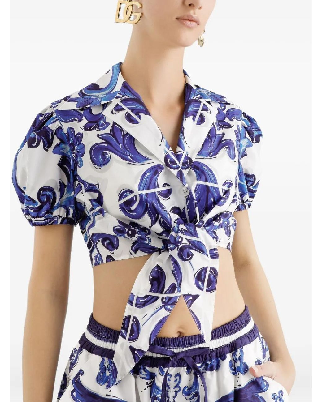 Dolce & Gabbana Blue Majolica-Print Puff-Sleeve Top