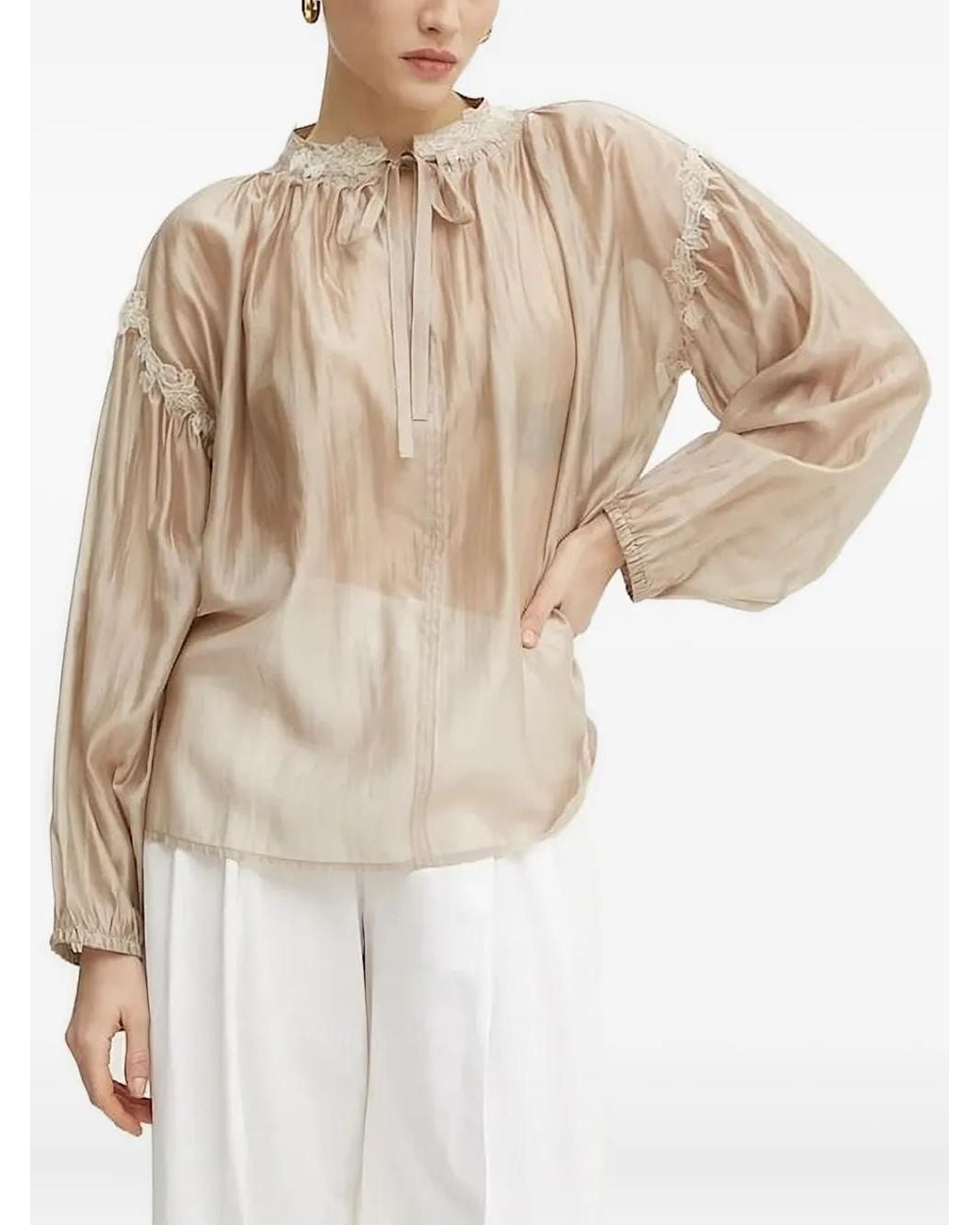 ERMANNO FIRENZE Natural Lace-Trimmed Tie-Neck Top