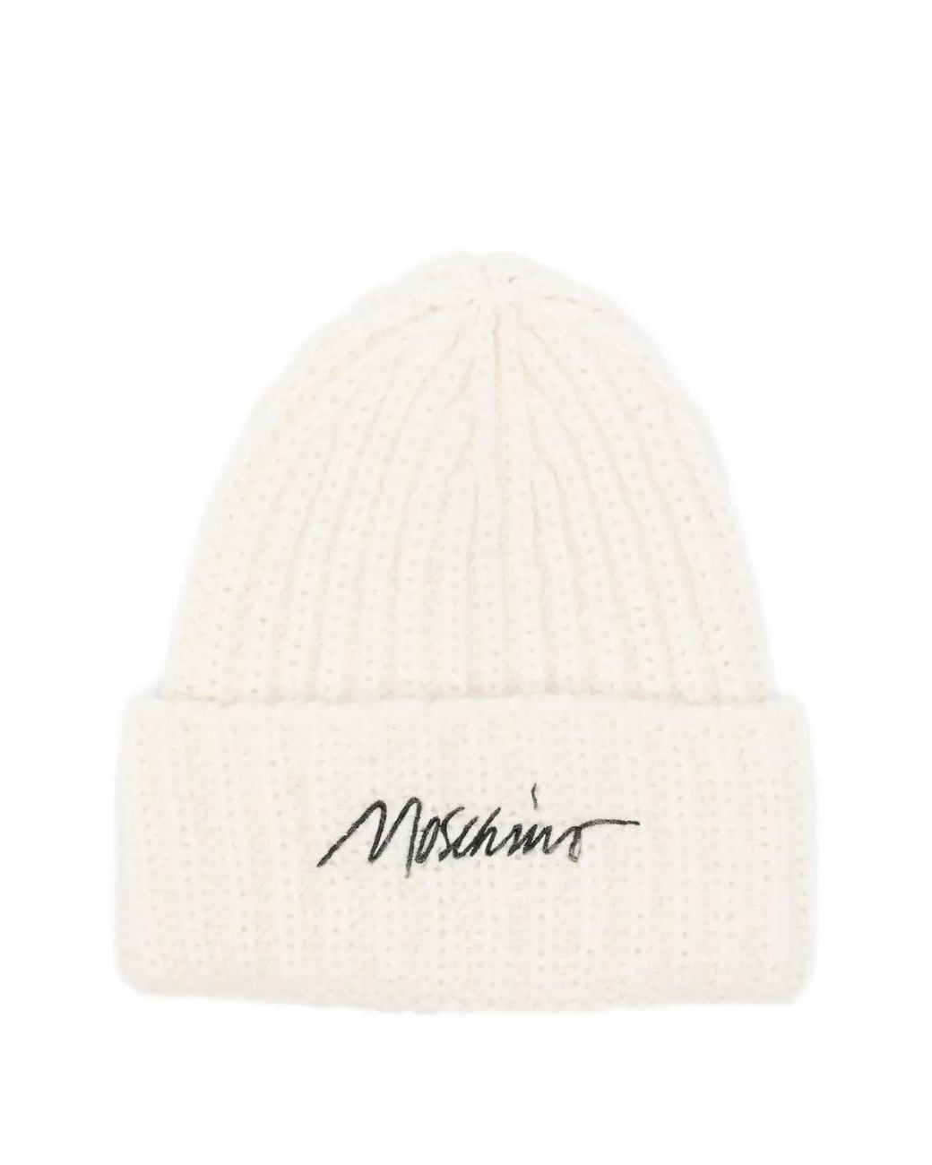 Moschino White Logo-Embroidered Ribbed-Knit Wool Beanie