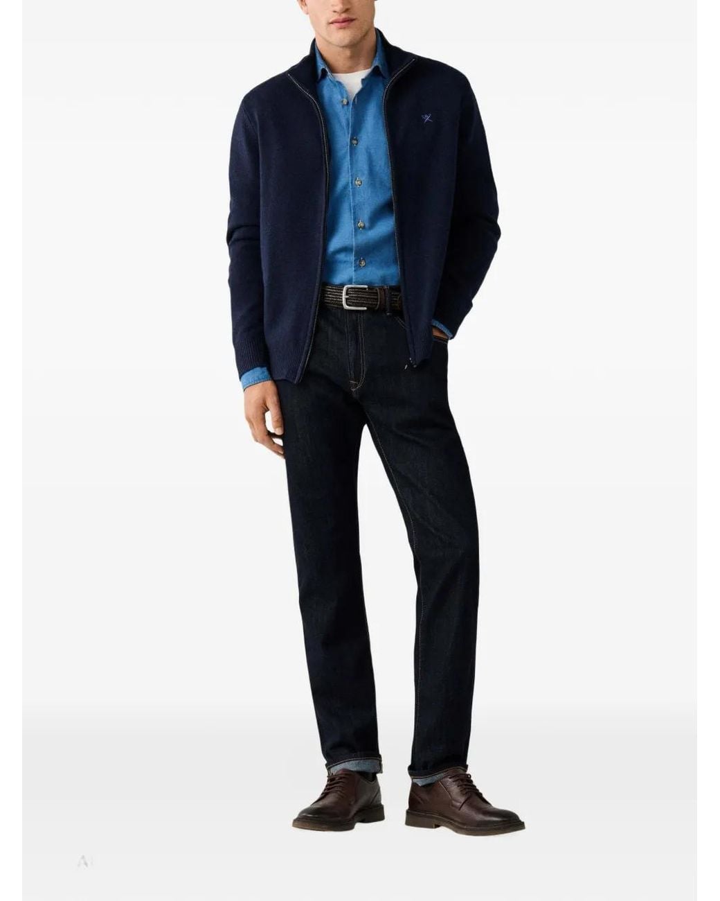 Hackett Blue Zip-Up Lambswool Cardigan for men