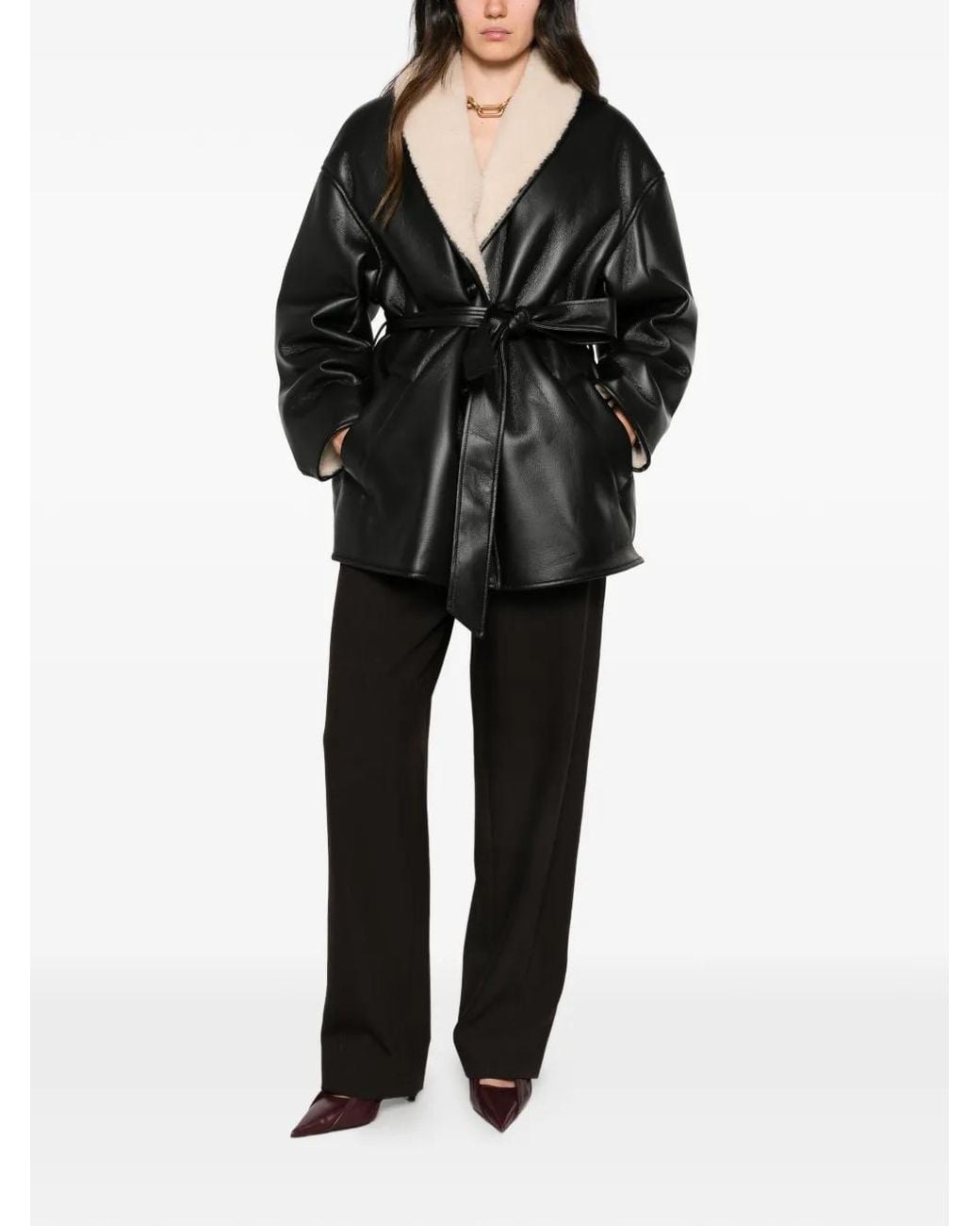 Stand Studio Black Kathi Belted Faux-Shearling-Trim Jacket