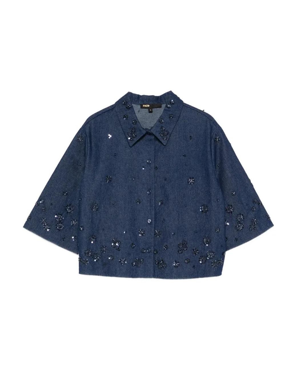 Maje Blue Embroidered Cropped Denim Shirt
