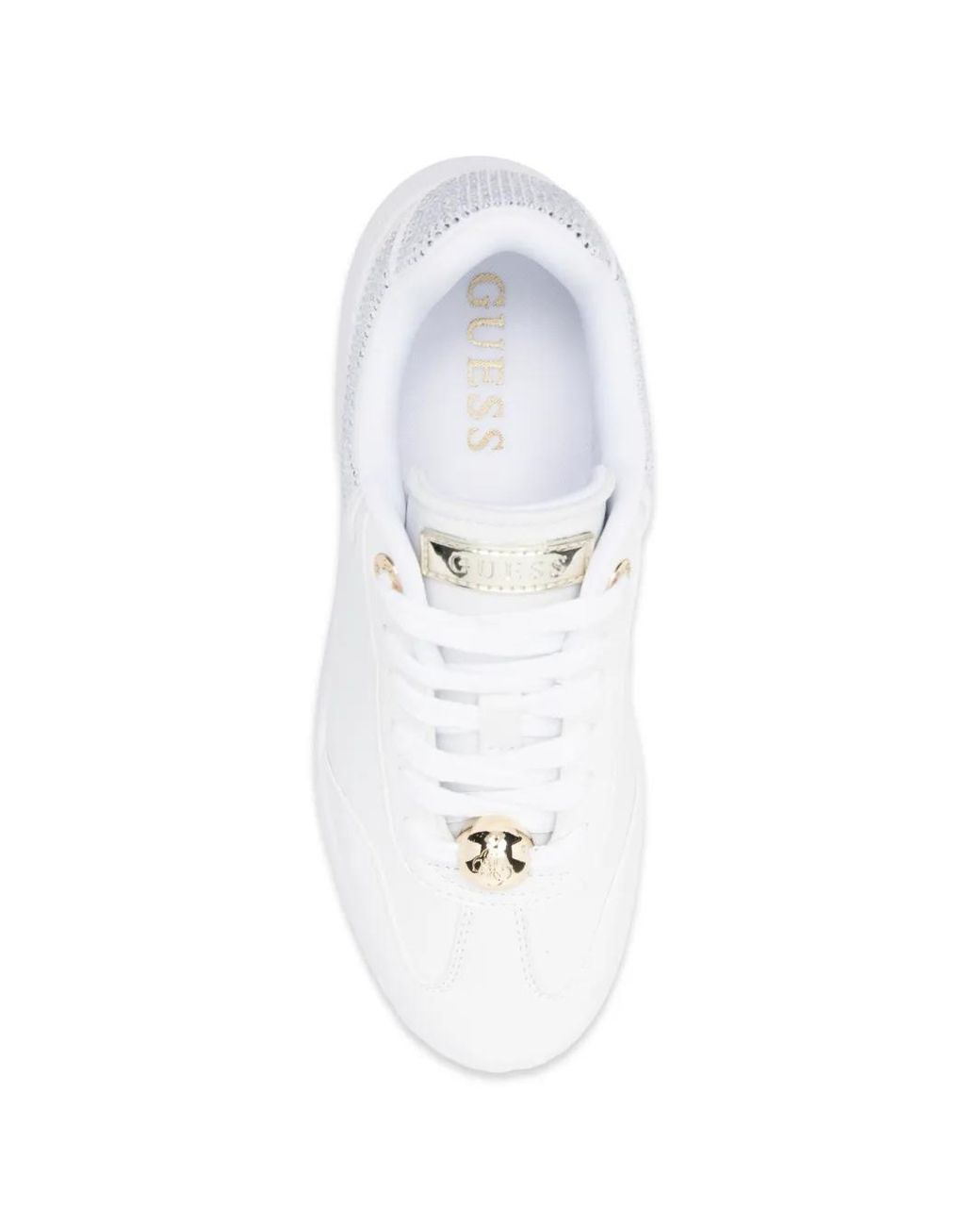 Guess White Crystal-Embellished Leather Sneakers