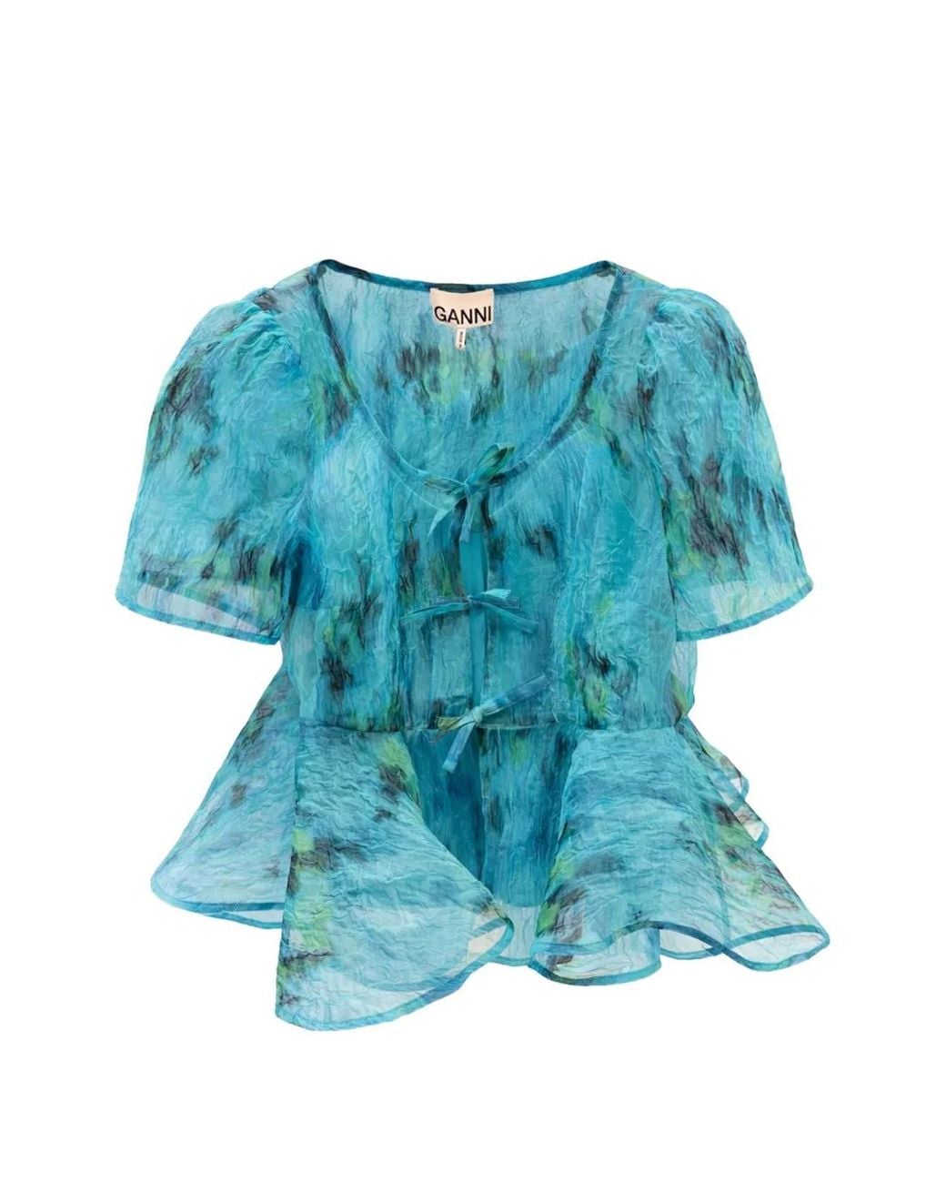 Ganni Blue Printed Peplum Blouse