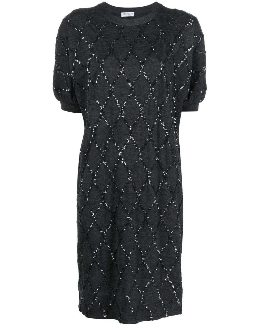 Brunello Cucinelli Black Sequin-Embellished Diamond-Pattern Mini Dress