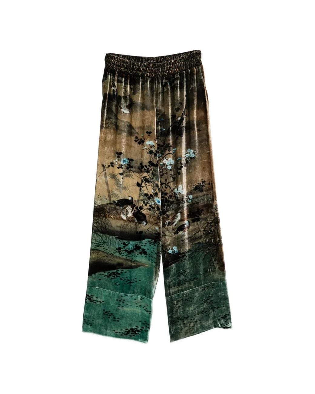 Pierre Louis Mascia Green Velvet-Effect Landscape-Print Trousers