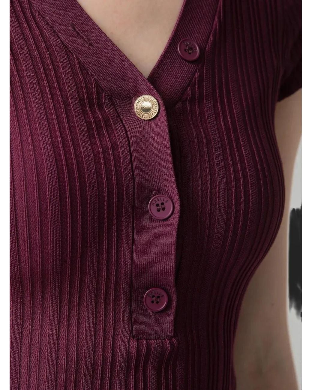 Gaelle Paris Purple Ribbed-Knit Button-Up T-Shirt