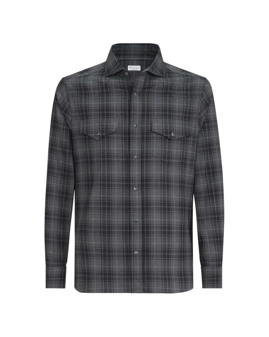 Brunello Cucinelli Gray Cotton Madras Western Shirt for men
