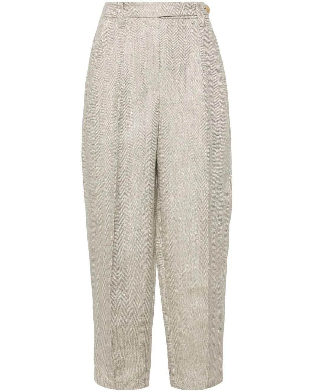 Brunello Cucinelli White Mid-Rise Tapered Linen Trousers