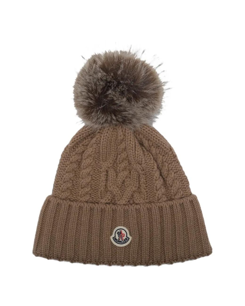 Moncler Brown Cable-Knit Pompom-Detail Beanie Hat