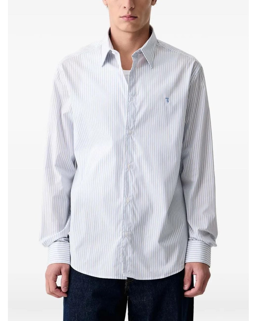 Trussardi White Vertical-Stripe Embroidered-Logo Shirt for men