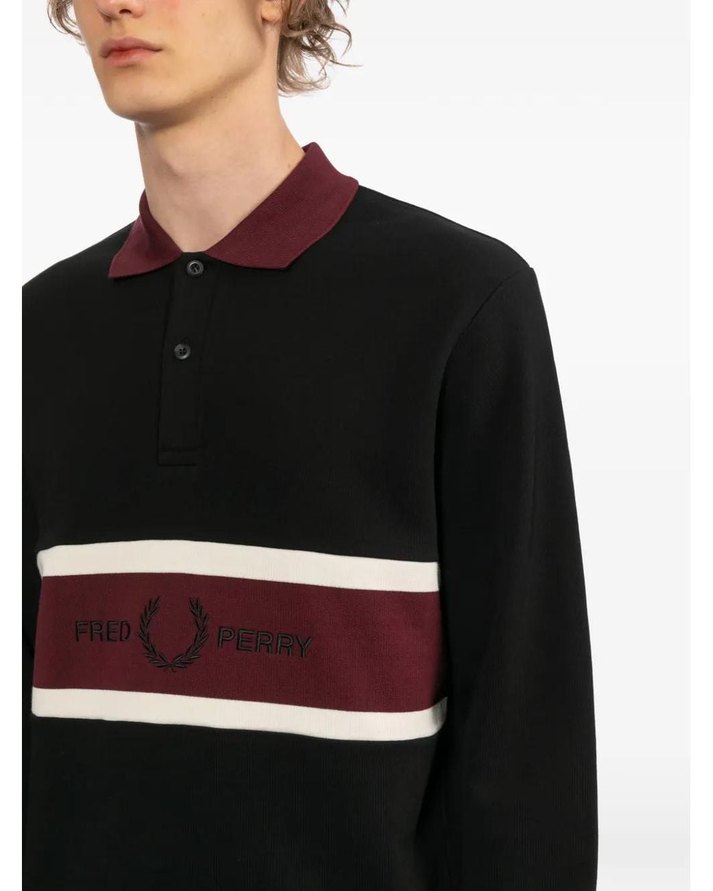 Fred Perry Black Logo-Embroidered Panelled Polo Shirt for men