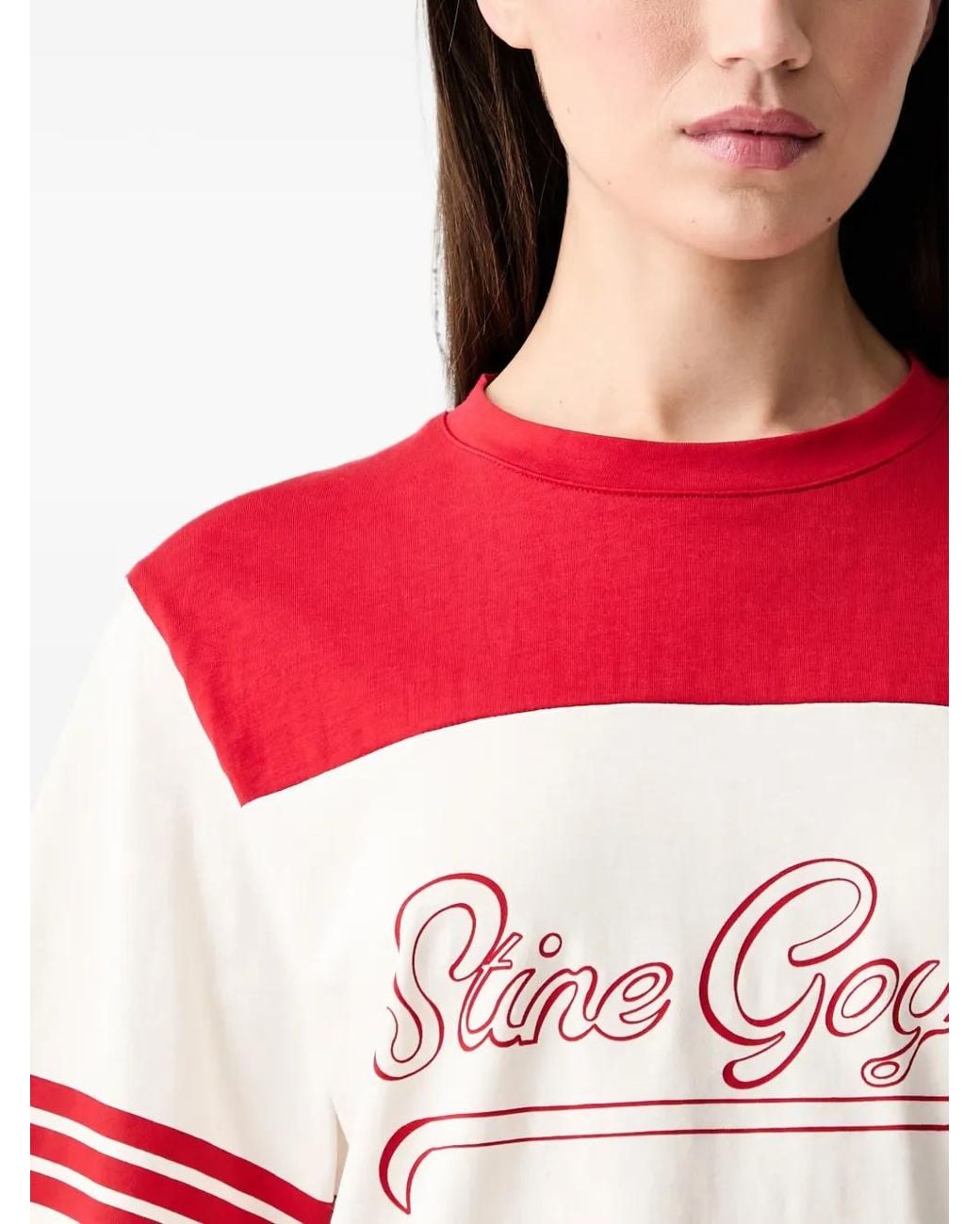 Stine Goya Red Logo-Print Striped-Sleeve T-Shirt