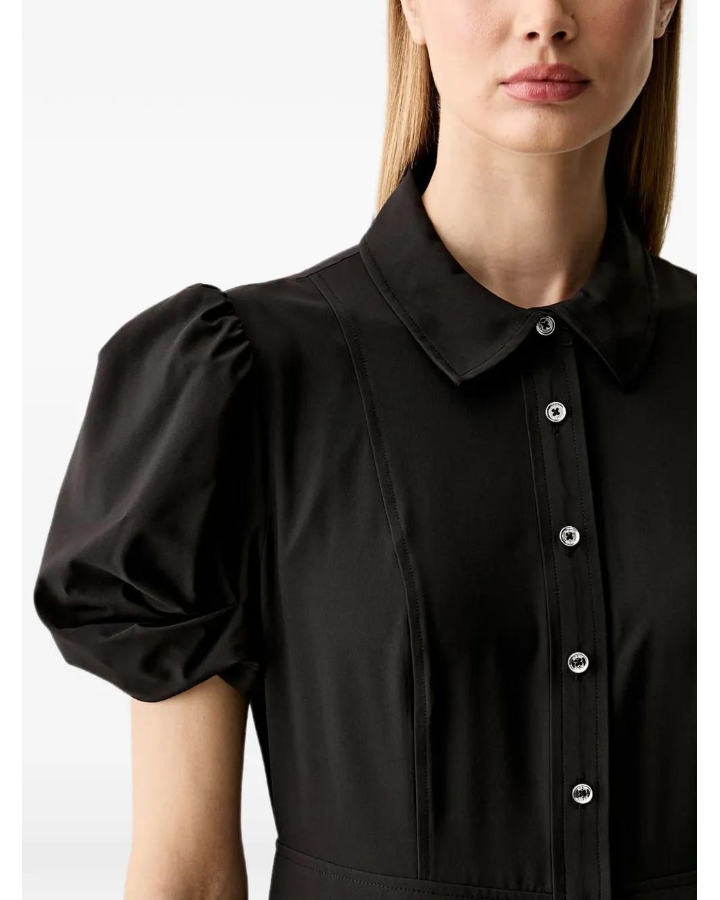 DKNY Black Puff-Sleeve Pleated Midi Dress