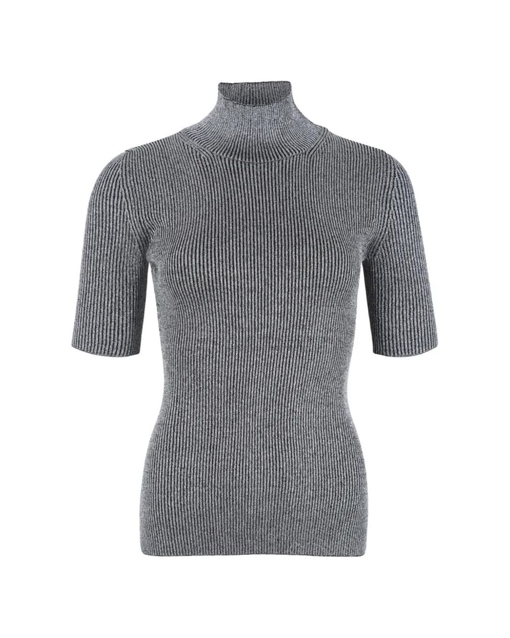 Missoni Gray Ribbed Knit Top With High Neck And Short Sleeves